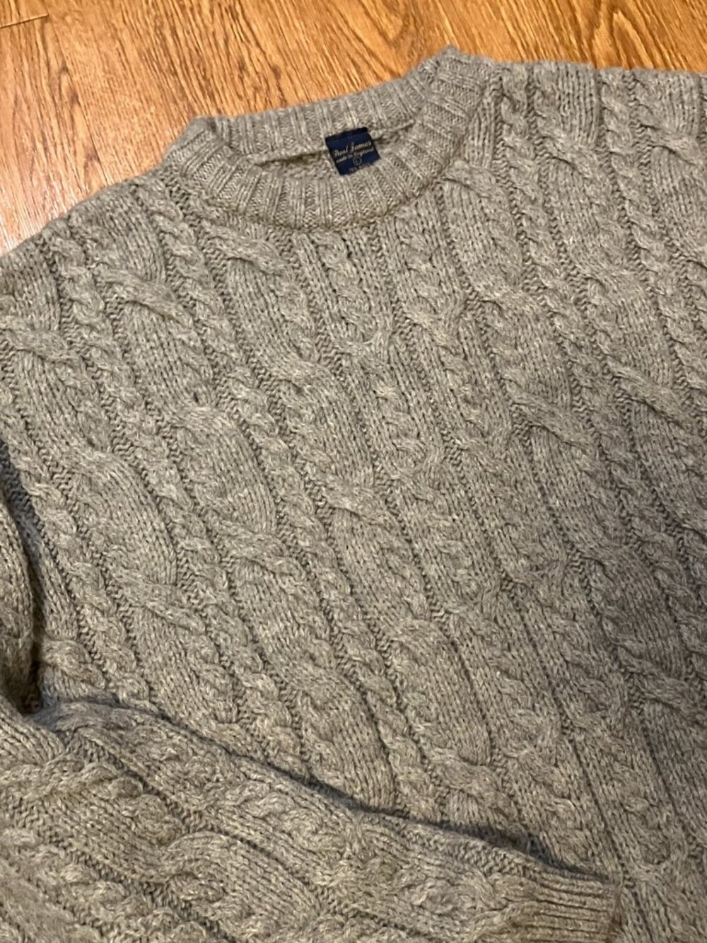 Paul James Wool Alpaca Fisherman Cable Knit Sweater Mens L Gray Made in England - Picture 2 of 7